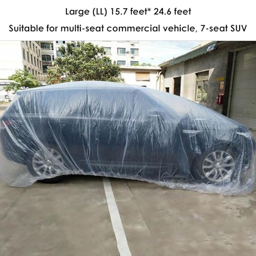 Image of 3 Packs Disposable Car Cover Clear Plastic Car Cover Universal Rain Dust Garage Cover with Elastic Band Large (15.7FT x 24.6FT)