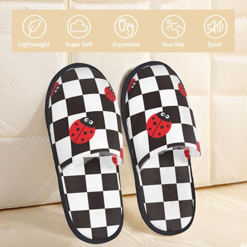 Ladybugs Of Black And White Checkers Print Women Slippers Home Furry Shoes Keep Men Couples Shoes Warm For Women-3