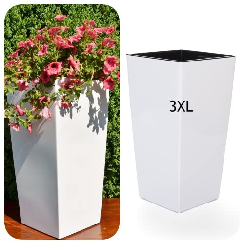 MELTOM Pflanzkübel aus Kunststoff in Hochglanz Farbe: Weiß mit Herausnehmbaren Einsatz, BxTxH in cm: 39 x 39 x 75 cm, Größe: 3XL