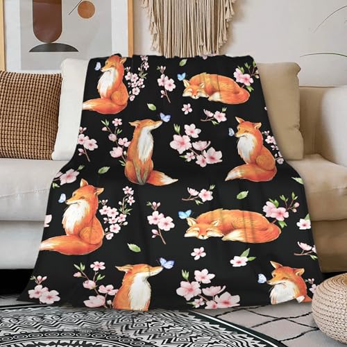 Fox Blanket Cherry Blossom Blanket Cozy Soft Lightweight Flannel Throw Fox Cherry Blossom Decor Gifts for Girls 40