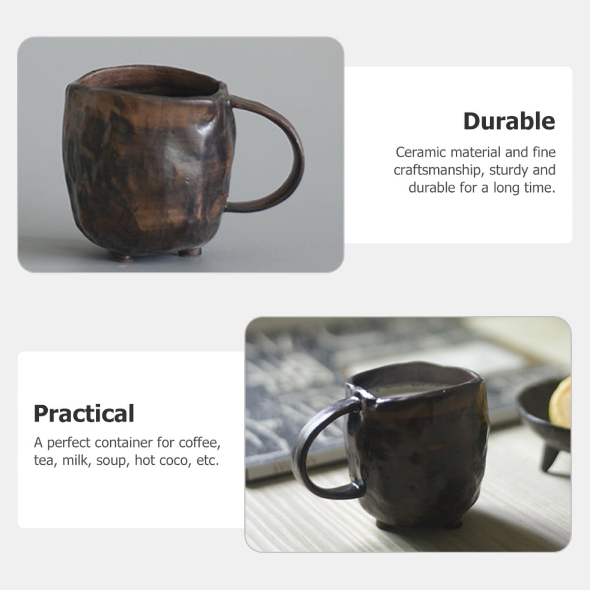 Vintage Tasse 300ml aus Keramik mit Dekorativem Design | Handbecher, Keramik Haferflockenbecher, Schwarz, Einfache Reinigung, Japanischer Stil