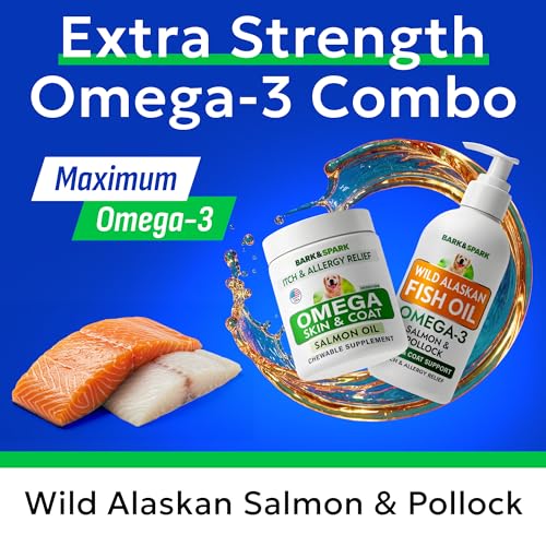 Image of BARK&SPARK Omega 3 + Fish Oil for Dogs - Skin Allergy Chews, Itch Relief, Hot Spots Treatment - Fish Oil Liquid Supplement for Pets, EPA+DHA Fatty Acids, Skin & Coat Support - Bundle: 180 Ct + 16 Oz