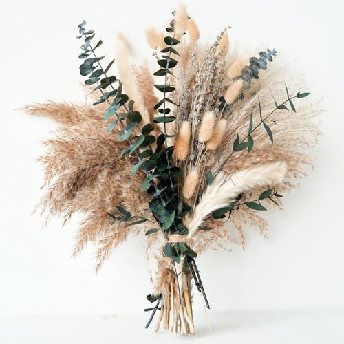 Image of Qlect Dried Flower Bouquet Set for Home Decor | Pampas Grass, Bunny Tail, Lavender & Eucalyptus Mix, Boho Aesthetic Vase Decoration, Natural Dried Flowers Gift Set