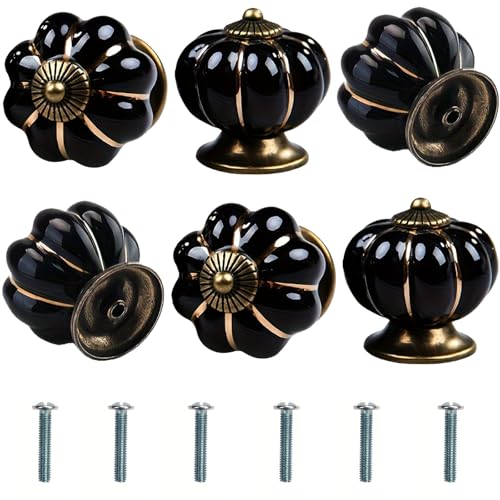 Bikasun 6 boutons de meuble en forme de citrouille noir, boutons vintage en céramique, boutons...