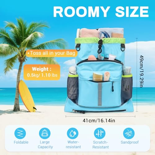 Drawstring Backpack, Waterproof Sandproof Beach Backpack for Sport Gear Small Gym Bag with Hidden Ball Net Pocket and Seperated Wet Pocket Draw String Back Bag for Women Men, Blue2