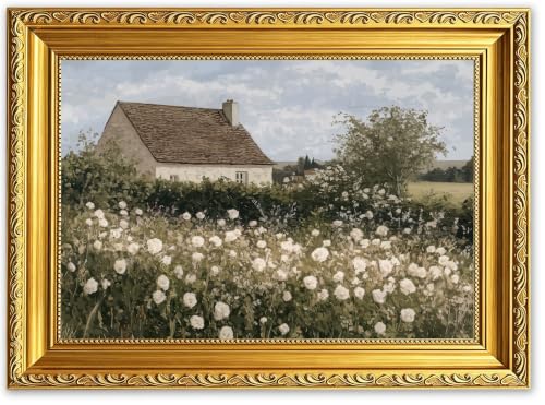 Golden Frame Farmhouse Flowers Canvas Wall Art, Rural White Flowers Painting Picture Wall Decor, Country House Poster Print Artwork for Bedrooms Bathrooms living Rooms Home Decoration 9X11in