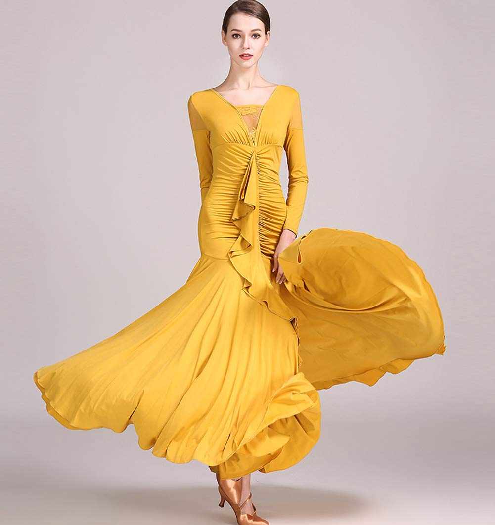YUMEIREN Frills Design Ballroom Dance Dress Modern Dance Flamenco Waltz Dress Standard Practice Wear Competition Costume(Yellow,M)
