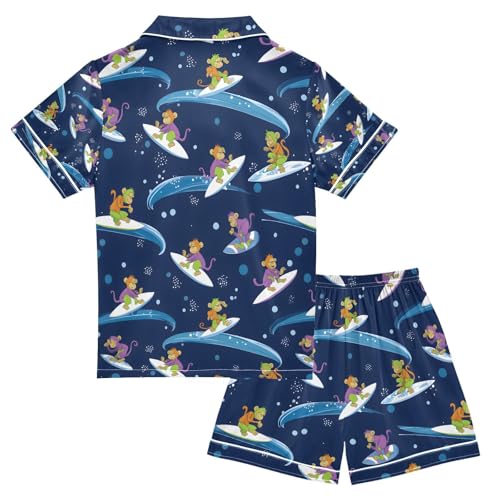 senya Monkey Surfing Space Satin Summer Pajama Sets Silk Short Sleeve Button Down Sleepwear2