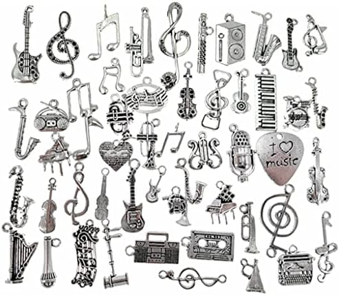 Kinteshun Music Elements Charm Alloy Multistyle Musical Instrument Notes Symbols Pendant Connector for DIY Jewelry Making Accessaries(50pcs,Antique Silver Tone)