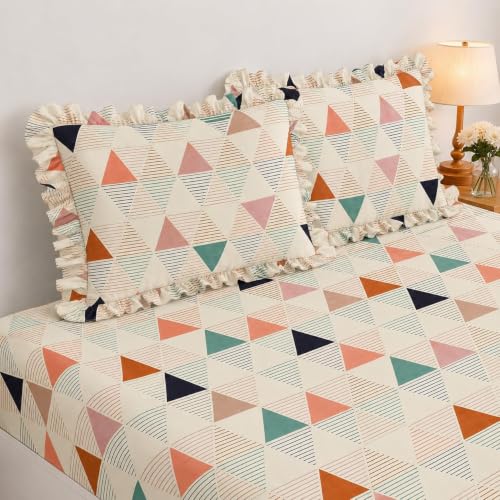 Image of King Size Fitted Bedsheet for Double Bed | 300 TC Cotton Feel Microfiber | All Around Elastic with 2 Frill Pillow Covers | Soft & Durable | (WhitetglFrill, Fitted - Double72x72)