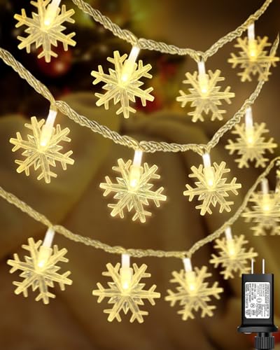 Christmas Snowflake String Lights Outdoor, 200 LED 82FT Icicle Lights Waterproof with 8 Modes Timer Xmas Decorations, Plug in Fairy Lights for Curtain, Eaves, Window, Tree, Garden, Yard- Warm White