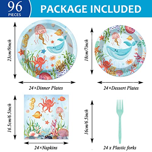 Image of 96 Pcs Under The Sea Plates and Napkins Party Supplies Ocean Birthday Party Tableware Set Ocean Animal Underwater Sea Life Party Decorations Favors for Birthday Shower for 24 Guests