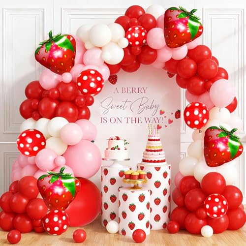 Strawberry Balloon Garland Arch Kit Red and Pink Party Balloons with Strawberry Foil Balloons for Girls Sweet One Berry First Birthday Baby Shower Strawberry Party Decorations