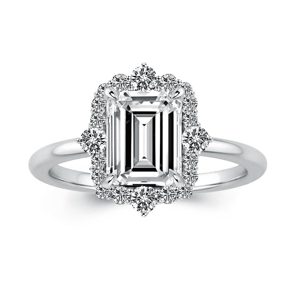 RODIFFY 2.5CT Elongated Emerald Cut 5A Cubic Zirconia Engagement Ring, Simulated Diamond Promise Ring in 18K White Gold-Plated Sterling Silver