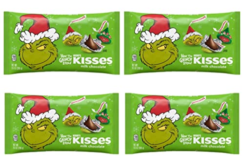 Hersheys Kisses How The Grinch Stole Kisses Milk Chocolate Candy - Pack of 4 Bags - 9.5 oz Per Bag - 38 oz Total - Individually Wrapped Gluten Free Christmas Candy