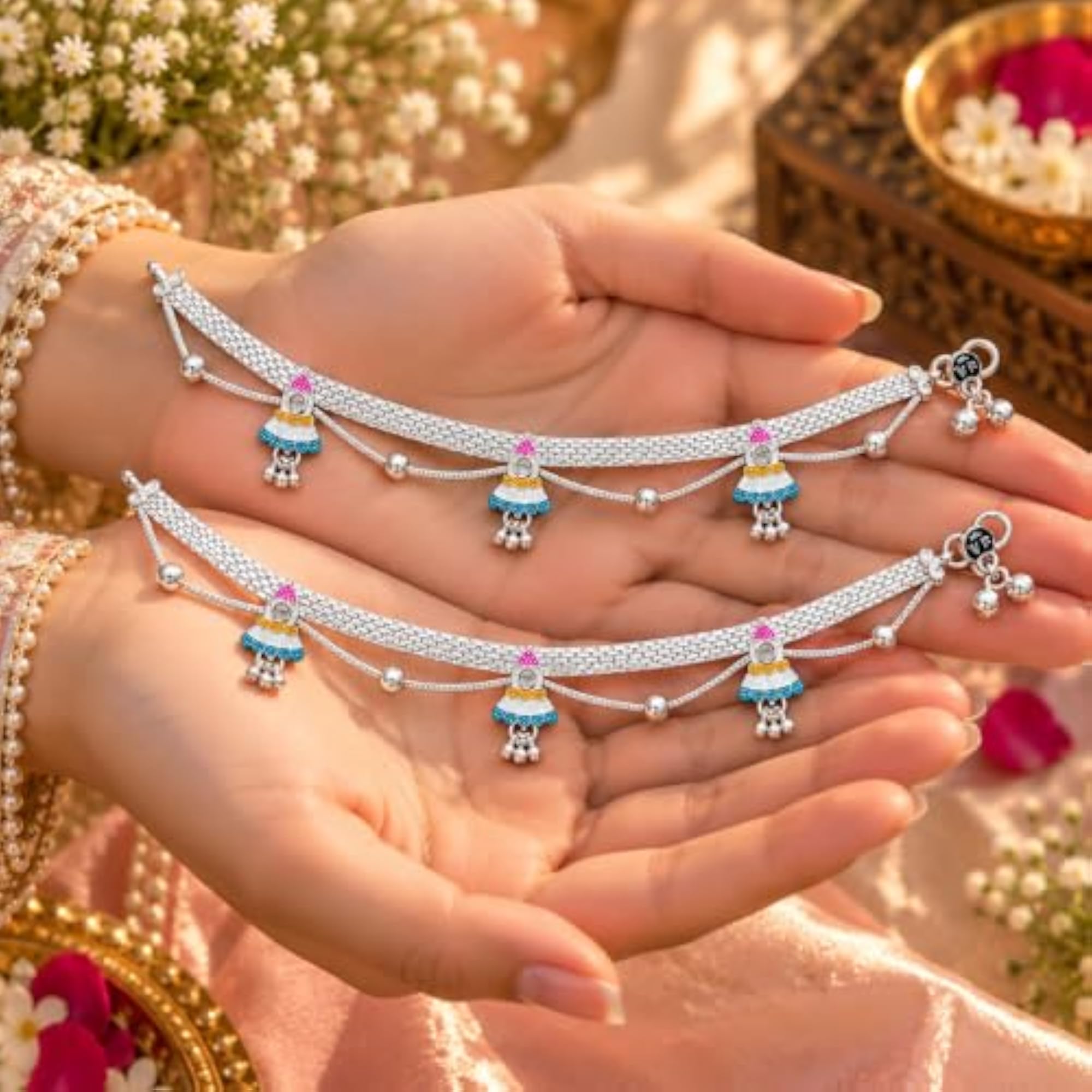 Silver Anklet Pair with Enamel Ghungroo Charms
