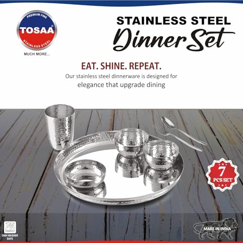 Image of TOSAA Stainless Steel Dinner Set Deluxe REG O Shape- 5 PCS Set Stainless Steel Dinner Set |Includes Plate, Curry Bowls, Side Plate, Glass & Spoon |Silver