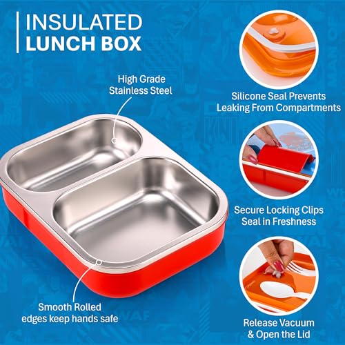 Image of Nayasa Marco Super Girl Print 2 Compartment Stainless Steel Insulated Lunch Box for Kids | Vacuum Sealed Leak Proof Tiffin Box | 650 ml | Red & Blue