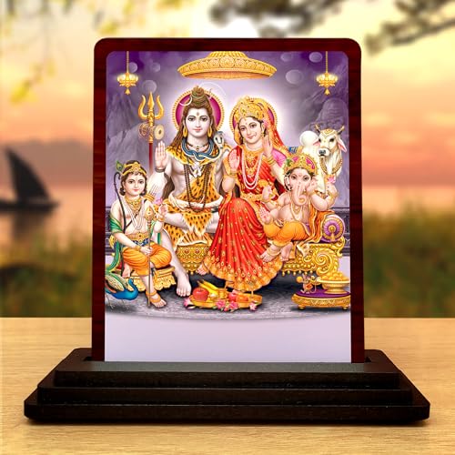 Image of Shiv Parivar Printed Wooden Idol for Car Dashboard & Home Decor (7.5 x 10 cm) - Lord Shiva, MATA Parvati, Ganesha & Kartikeya Spiritual Showpiece - Religious Figurine for Protection & Blessing