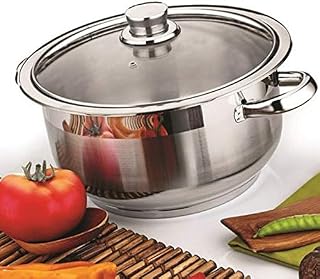 Stainless Steel Casserole Stockpot Induction Base Large Deep Stock Pot Glass Lid (26 x 16 cm, 8.5 LTR)