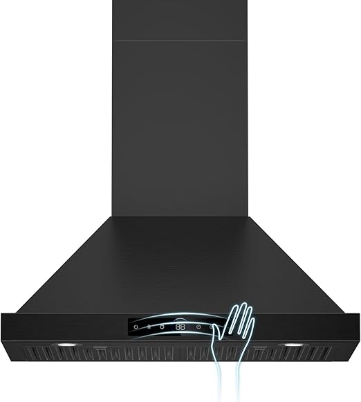 30 Inch Wall Mount Range Hood 1200CFM, 4-Speed Smart Wall Mount Range Hood with Touch Sensor & Remote, Dual LED Lights, Baffle Filters Ducted/Ductless Convertible Black Pro Series