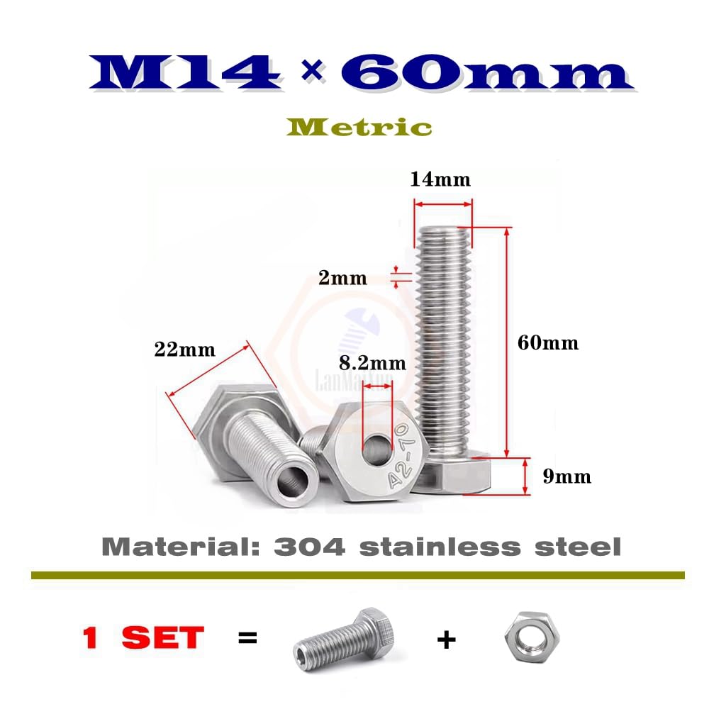 2set M14×60mm【Hole 8.2mm】 304 Stainless Steel External Hexagon Hollow Screws Whit Nuts Through-Hole Screw