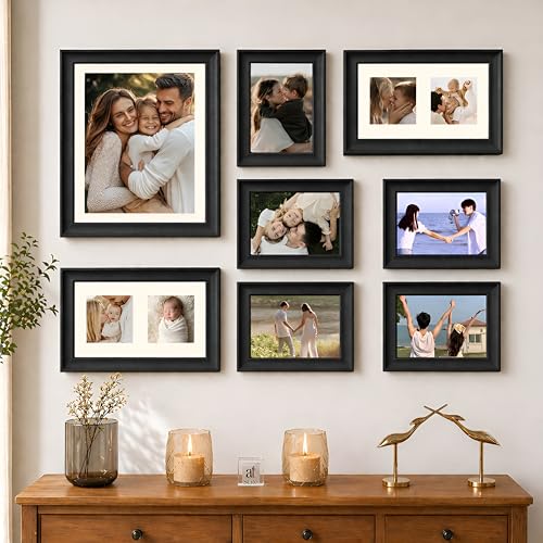 Image of Wooden Wall Collage Photo Frame Set of 8 for Wall Decor, Mixed Size Picture Frames for Family Photos, Gallery Wall Frame Set with Premium Finish for Living Room, Bedroom & Home Decoration (Black)
