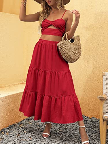Image of ANRABESS Women's Summer Boho Flowy Swing Tiered A-Line Maxi Skirt 2026 Fashion Trendy Elastic Waist Pleated Long Beach Dress