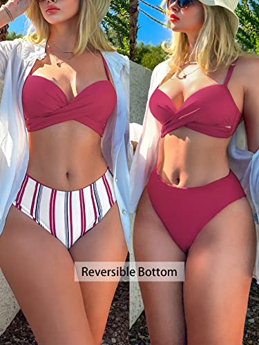 Cupshe Bikini Set For Women Two Piece Swimsuits Mid Rise Twist Reversible Bottom Adjustable Straps, S Punch Pink #TOP2