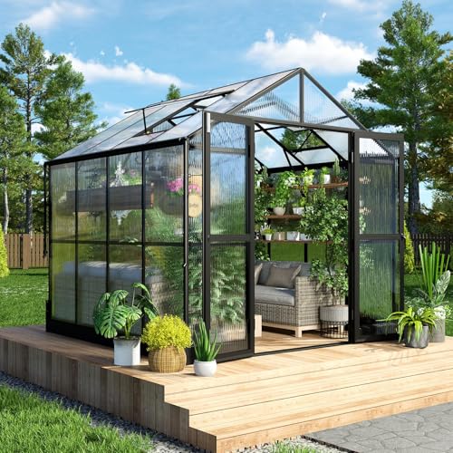 HOWE-8x8x75-FT-Polycarbonate-Greenhouse-Double-Swing-Doors-2-Vents-52FT-Added-Wall-Height-Walk-in-Large-Aluminum-Greenhouse-Winter-Sunroom-Greenhouse-for-Outdoors-Black HOWE 8x8x75 FT Polycarbonate Greenhouse Double Swing Doors 2 Vents 52FT Added Wall Height Walk in Large Aluminum Greenhouse Winter Sunroom Greenhouse for Outdoors Black