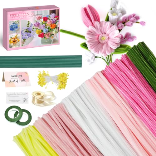 AHAMETON 620Pcs Pastel Pink White Pipe Cleaners Flower Kit,Chenille Stems