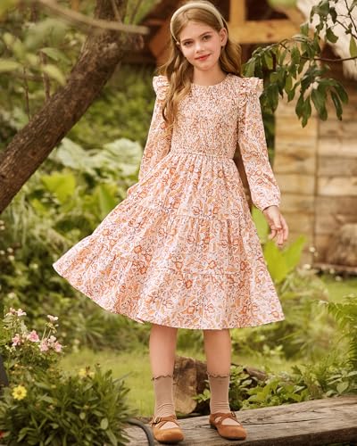GRACE KARIN Girls Long Sleeve Fall Floral Dress Ruffle Round Neck Smocked Layered Hem4