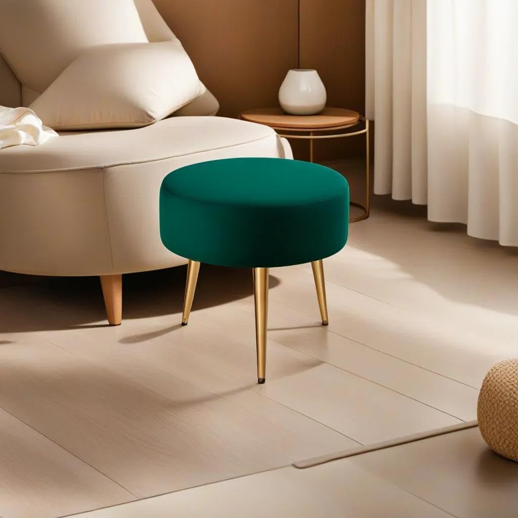 Velvet Round Ottoman Stool with Gold Metal Legs | Modern Upholstered Foot Rest | Vanity Makeup Stool | Dressing Table Stool | Living Room & Bedroom Pouffe (Green)-image-32