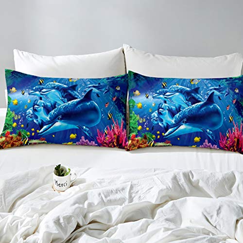 Erosebridal Queen Size Dolphin Bedding Set Underwater World Fitted Sheet Colorful Fish Bed Cover Seaweed Reef Sheet Set,Sealife Theme Microfiber Modern Bedspread For Kids Girls Boys Adult Room Decor #TOP2