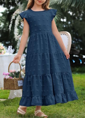 HOSIKA Girls Maxi Dress Ruffle Sleeve Swiss Dot A Line Tiered Flowy Casual Party Dresses with Pockets for 6-12 Y3