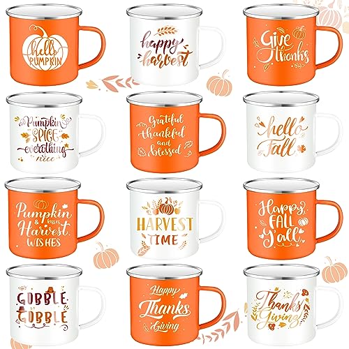 Suttmin 12 Pcs Fall Coffee Mugs Thanksgiving Enamel Mug Pumpkin Autumn Cup Hello Fall Give Thanks Sign 12 oz Camping Tea Orange White Mug Decor for Thanksgiving Halloween Party (Pumpkin)