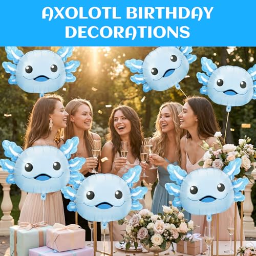 Image of 6 Pcs Axolotl Birthday Decorations, 26.8 inch Axolotl Balloon, Cute Inflatable Aluminum Foil Balloons, Summer Party Decorations, Beach Birthday Party Decorations, Axolotl Party Favors (Blue)
