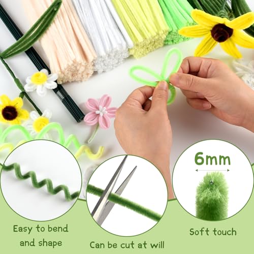 Image of ASTARON 521 Pcs 5 Colors Art Chenille Stems Pipe Cleaners Flower Making Kit | Green Yellow Craft Pipe Cleaners,20 Floral Wires,Green Gardening Tape, Flowers Making Kit,Polyester Fluffy Pipe Cleaners Set