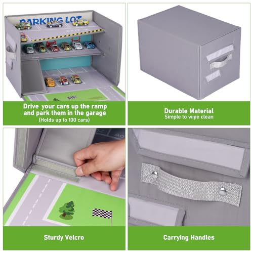 Edsnor Spielzeug Garage für Autos - 3 in1 Box für Spielzeugautos, Auto Parkhaus Kinder und Spielteppich (Nicht enthalten Autos)