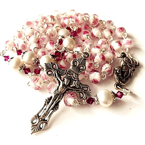 elegantmedical Handmade Veluriyam Rose Beads & Pearl Beads Rosary & Italy Cross Catholic Necklace Gift Box