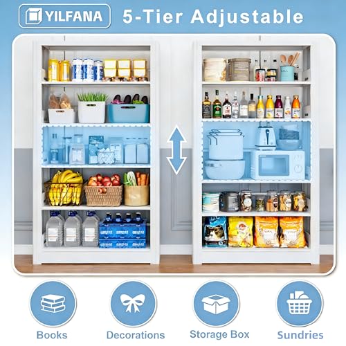 Image of Heavy Duty Metal Bookshelf, 5-Tier Industrial Bookcase with Adjustable Shelves, Large Storage Bookshelf for Living Room, Office, Library, 69 inch H x 136 inch W, White