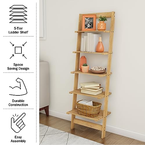 Lavish Home 5-Tier Ladder Shelf - 50-Inch Narrow Leaning Bookshelf - Wooden Bookcase for Living Room, Bathroom, Kitchen, Office, or Bedroom Furniture (Oak) - Image 5