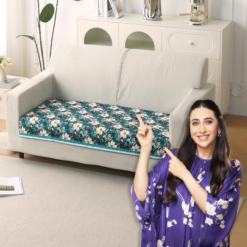 Image of HOKIPO 'Florentina Series' Foam Filled Premium Holland Velvet Sofa Cover Mat for 2 Seater Sofa with Anti-Slip Backing, Pansies Teal (IN-879-V5)