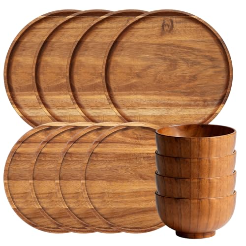 12 Pcs Wood Dinnerware Set 8 Inch 10 Inch Round Wooden Plates and wooden bowl 4 Person Set of Wooden Dinner Ware Set for Main Meals Snacks and Desserts