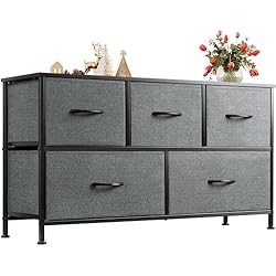 WLIVE Dresser for Bedroom with 5 Drawers, Wide Chest of Drawers, Fabric Dresser, Storage Organizer Unit with Fabric Bins for Closet, Living Room, Hallway, Dark Grey