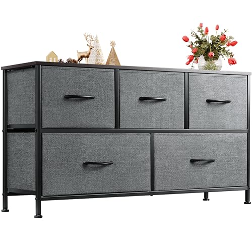 WLIVE Dresser for Bedroom with 5 Drawers, Wide Chest of Drawers, Fabric Dresser, Storage Organizer Unit with Fabric Bins for Closet, Living Room, Hallway, Dark Grey