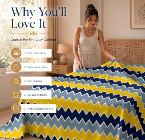 Image of HOMEKART Glace Cotton 160 TC Multi Printed Double Bedsheet with 2 King Size Pillow Covers | Soft & Durable | 86 x 88Inches (Yellow & Grey)