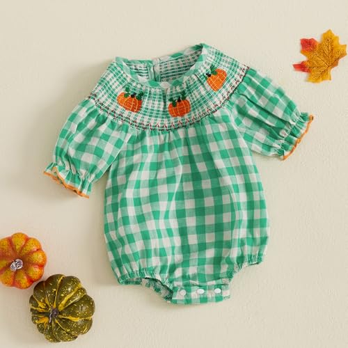 Toddler Baby Girl Halloween Outfits Pumpkin Print Plaid Short Puff Sleeve Smocked Romper Cotton Linen Bodysuit4