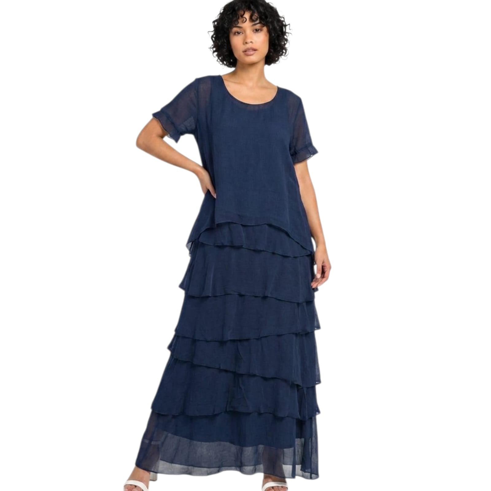 Alam Exclusive Ladies Womens Italian Lagenlook Plain Short Sleeve Frill Frayed Detail Silk Midi Maxi Dress One Size (as8, Numeric, Numeric_8, Numeric_16, Regular, Regular, Navy)