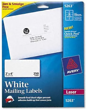 Avery 5263 Laser Labels, Mailing, Permanent, 2-Inch x4-Inch, 250/PK, White